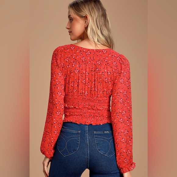 Free People Lolita Red Floral Print Ruffled Top - Size Large - Picture 4 of 14